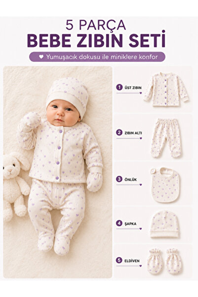 LUMY KIDS Heart Patterned 1-3 Month 5-Piece Baby Bodysuit Set