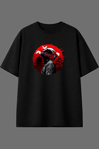 VSRN Στρογγυλό μπλουζάκι με σχέδιο Biker Birds, προεκτυπωμένο μαύρο, υπερμεγέθη.