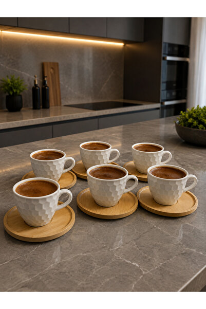 LUCKY CLOVER Porcelain Double Turkish Coffee Cup Set, 6-Piece Set with Bamboo...
