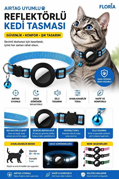 Floria Reflektörlü AirTag Kedi Tasması - Zilli Güvenlik Tokalı Tasma