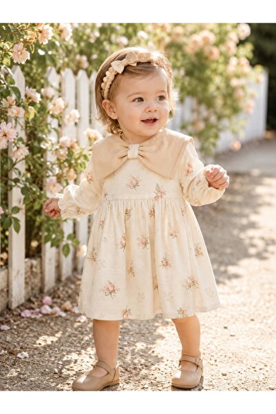 Pure Boutique Rochie bebe fetita din muselina crem cu flori si bentita eleganta