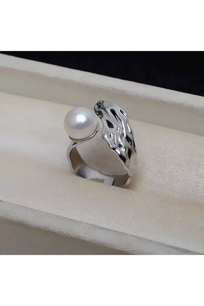 Kracer Silver Adjustable Ring, with White Pearl, Luxe Pearl
