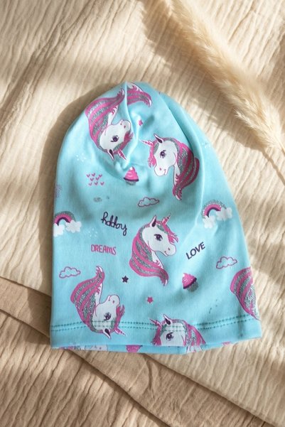 Babydonat Kız Çocuk Mavi Unicorn Desenli Pamuklu Esnek Penye Bere - Gümüş Sim...