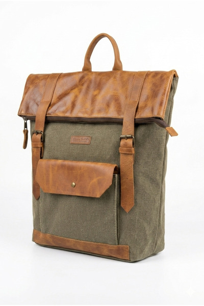OLD COTTON BAGS Kanvas Hakiki Deri Detaylı Laptop Bölmeli Unisex Suya Dayanık...