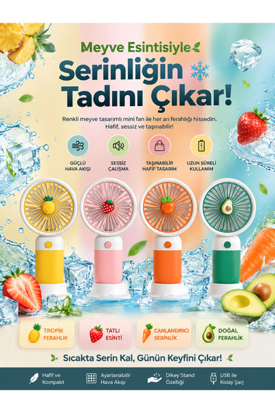 BlueTeam T300 MEYVE TEMALI YEŞİL ÜÇ KADEMELİ ŞARJLI MİNİ EL FANI