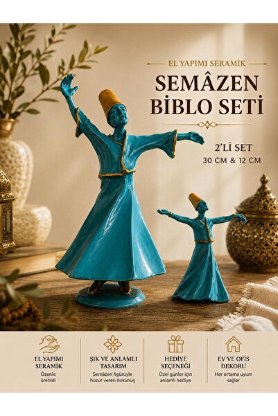 LOREMPBOX El Yapımı Seramik Semazen Biblo Seti 2’li Turkuaz Dekoratif Tasavvu...