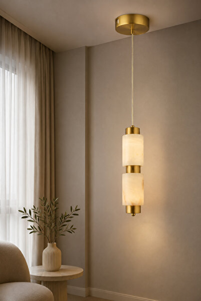 Taşcan Aydınlatma Sevilla Tekli Premium Mermer Camlı Gold Sarkıt Led Avize Mo...