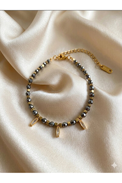 Zihintaşı Atölyesi Stainless Steel Terahertz Natural Stone Bracelet