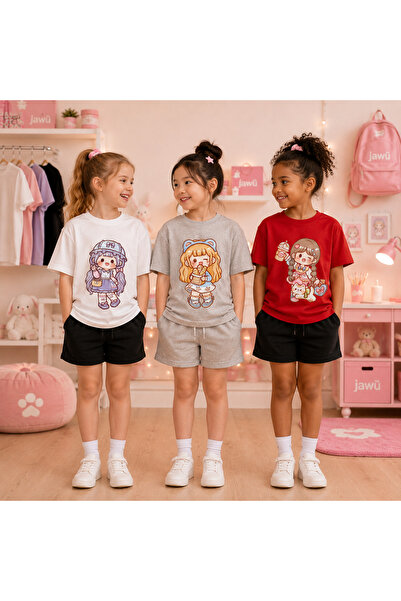 JAWÜ STYLE 3LÜ Kombin ANİME Baskılı T-shirt Şort TAKIM (3TAKIM)