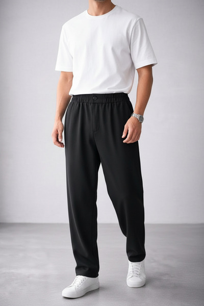 Runades Men's Crepe Baggy Trousers Without Zipper Buttons Relaxed Fit Premium...