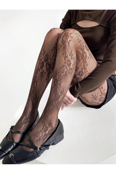 Bernato Coffee Elegance Çiçek Desenli File Külotlu Çorap, Kahverengi Esnek Yırtılmaya Dayanıklı Külotlu Çorap