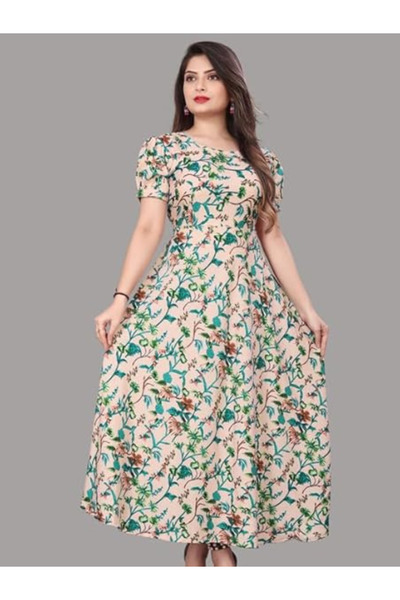 MYSMAR Beige Polycrepe Printed Gown - FFT8090 | Beige