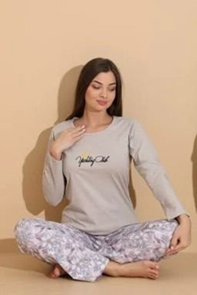 Serena Women's gray "Yachting Club" pajamas with floral long pants - 100% cotton