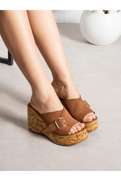 ALEMDAR AYAKKABI Willoy Tan Suede Wedge Heeled Women's Slippers