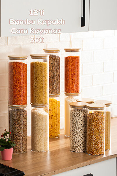 Porsima 4-4 Bamboo Vacuum Lid Round Borosilicate Glass 12-Piece Jar Set Stora...