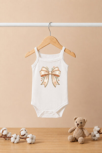 bebeqon 100% Cotton Ribbon Printed Baby Strap Bodysuit White
