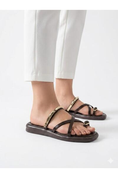 Lütfi Women's Brown Gold Ring Detailed Soft Sole Casual Flip Flops