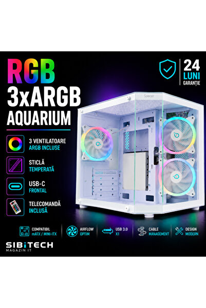 Spacer Carcasă Gaming Aquarium White 3xARGB USB-C Sticlă Temperată