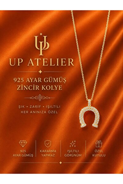 Up Atelier 925 Ayar Gümüş İthal Zincirli Zirkon Taşlı Gold At Nalı Model