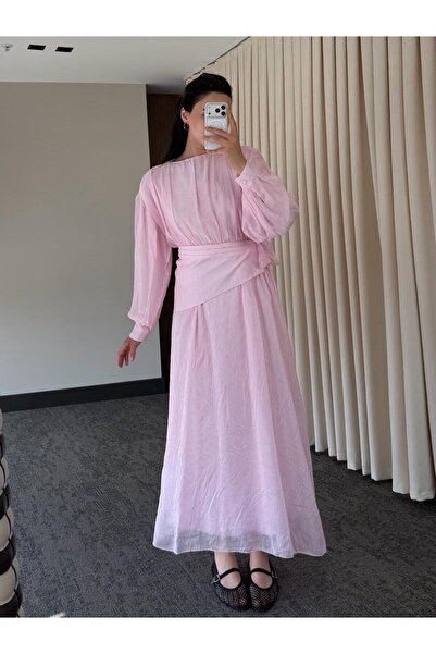 My Blog Pink Elastic Waist Modest Belted Dress - 7051