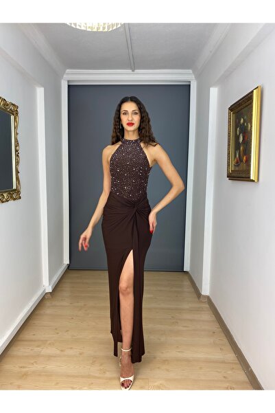 gökkuşagı moda Kahverengi Dik Yaka Likralı Üst İncili Uzun Abiye Elbise