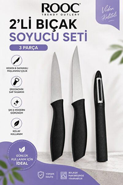 Rooc 2’li Bıçak + Soyucu Seti Paslanmaz Çelik Ergonomik Saplı 3 Parça Mutfak ...