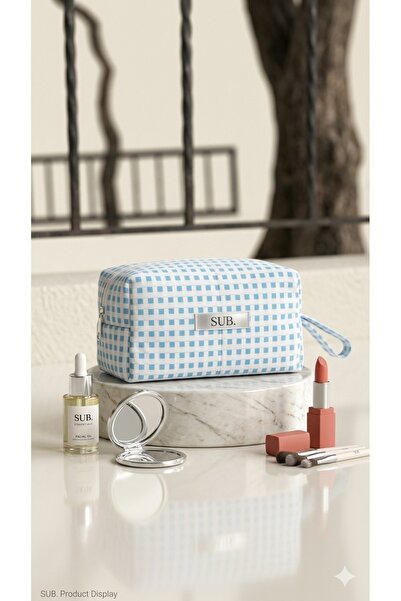 Sublime Butik White Color Light Blue Small Checkered Soft Makeup Bag / Pen Ho...