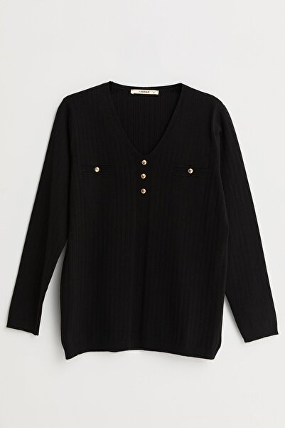 Nihan Plus Size V-Neck Viscose Sweater - Black