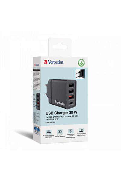 Verbatim Φορτιστής χωρίς καλώδιο GaN με 3 θύρες USB-A και 1 θύρα USB-C, 30W P...
