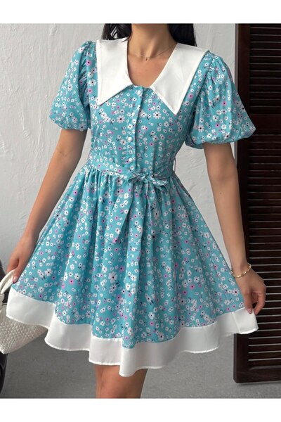 LOKADI Women's Retro Floral Patterned Doll Collar Watermelon Sleeve Belted Dress