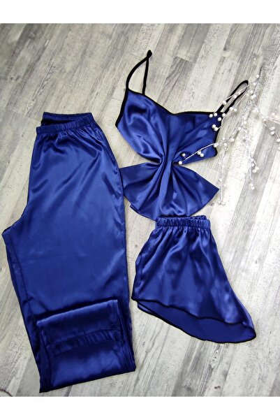 Sandrada SD Women's 3-Piece Shiny Satin Pajama Set with Pearls – Top, Long Pa...