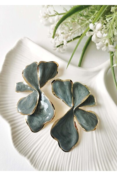 Halley Concept Gray Enamel Coated Flower Shaped Steel Earrings 4.5 X 7 cm