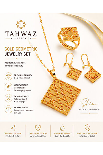 Tahwaz Gold Geometric Earrings for Women – Luxury Square Drop Earrings – Eleg...