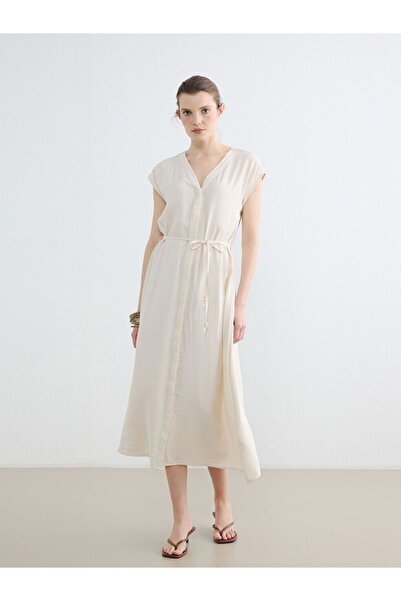 LC Waikiki Lcw Everyday Ecru V-Neck Belted Textured Dress