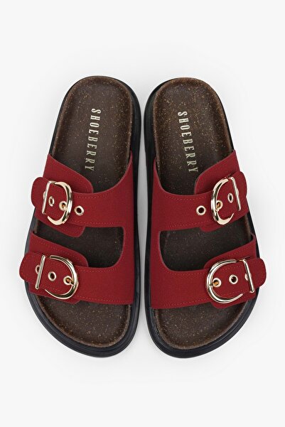Shoeberry Women's Vian Red Suede Belted Slippers