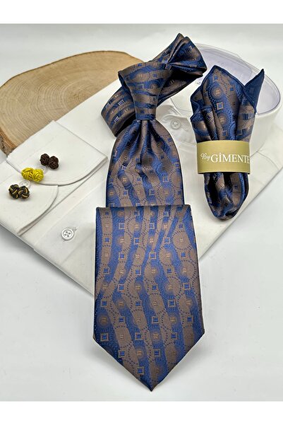 Gutiero Classic Navy Blue Brown Patterned Tie with Handkerchief
