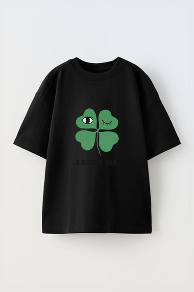 Anetos Tricou oversize negru din bumbac, cu imprimeu frontal, cu design trifo...