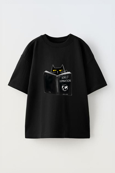 Anetos Tricou oversize negru din bumbac cu imprimeu frontal Cat World Dominat...