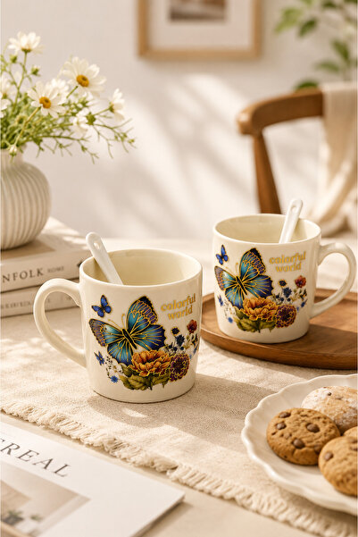 Mirilliahome Set of 2 350 ml Butterfly Patterned Porcelain Mugs with Spoons, ...