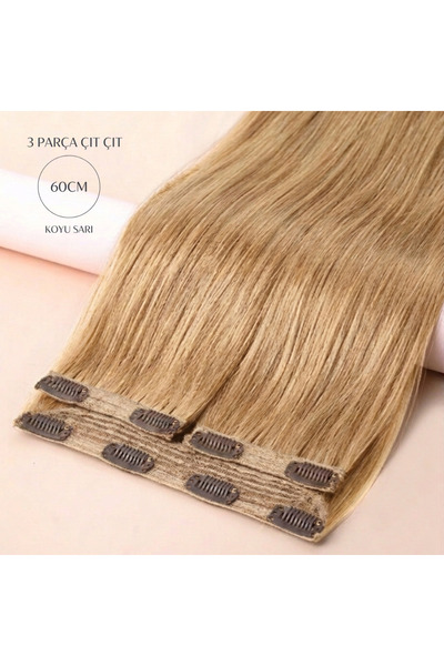 #20 Koyu Sarı Gerçek İnsan Saçı 3lü Çıt Çıt Set - 60CM 130GR