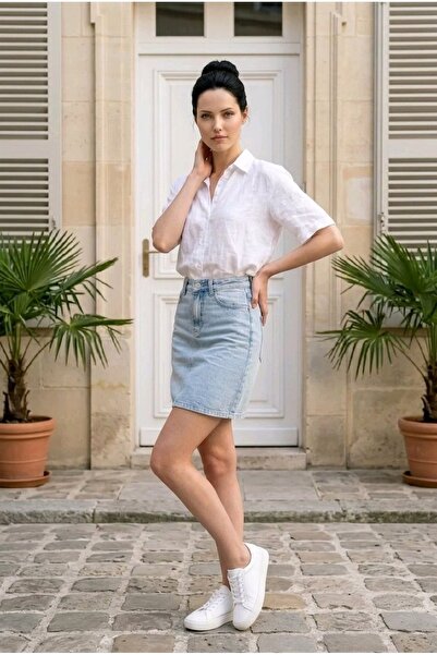 mooishan Stella Women's Ice Blue Snow Washed, No Slits, 45 cm High Waist, Lyc...