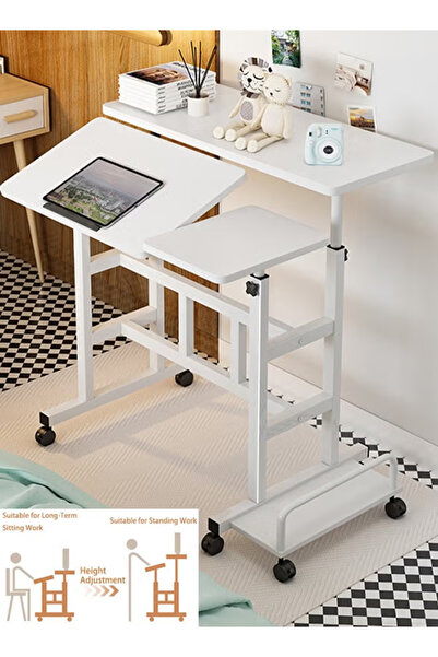 table مكتب لابتوب متنقل قابل للتعديل على عجلات مع تخزين جانبي، محطة عمل للكمب...