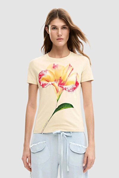 Desigual Women's T-shirt with beige and black floral print - Beige, L