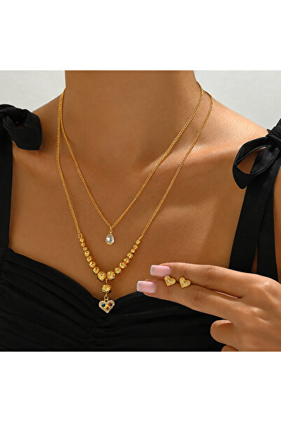 OEM Double necklace Top Bottom Set with heart pendant and earrings, 18K gold ...