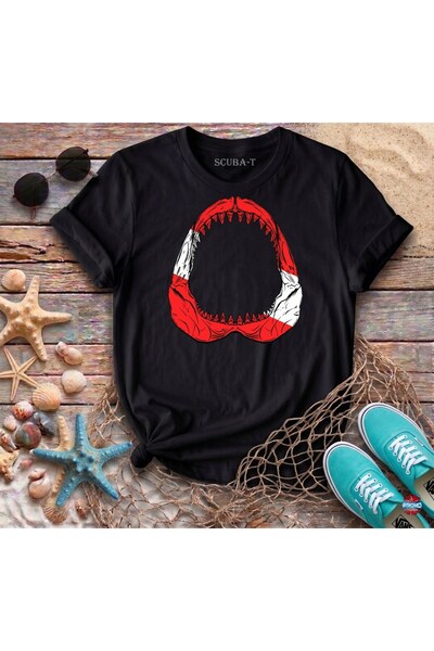 ScubaPromoTurkey Shark Flag Visually Printed Black Cotton T-Shirt