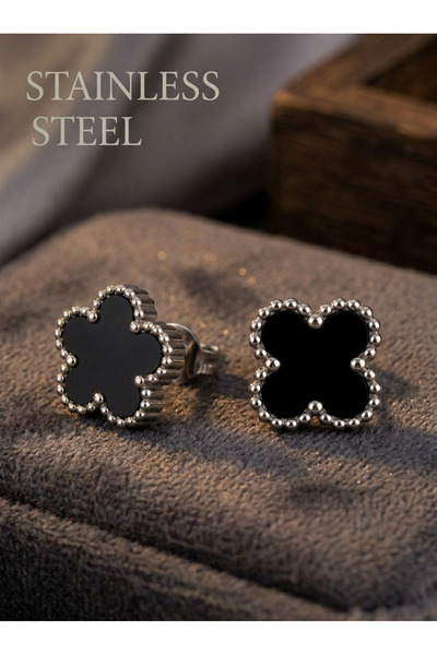 stainless steell 316L Steel Silver Black Clover Model Earrings