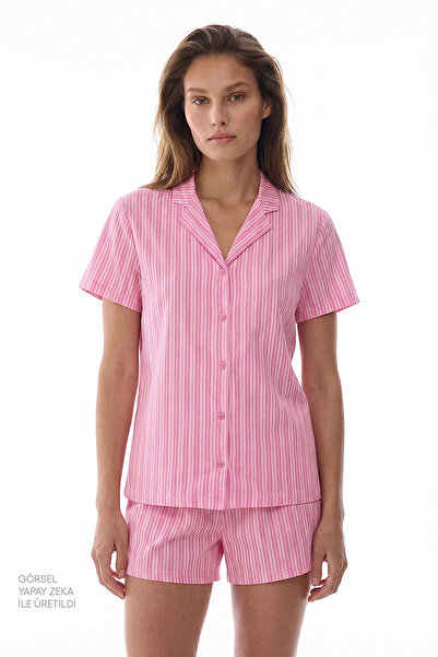 Penti Women's Cotton Lounge Pinkish Stripes Shirt & Shorts Set - Pink