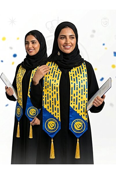 Generic وشاح مشجعي النصر الأنيق المصنوع من الساتان الفاخر باللونين الأزرق والأصفر مع شعار النادي وشراشيب ذهبية