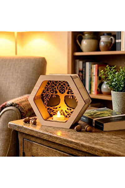 ReklamX lux Ahşap Mumluk - Altıgen Lazer Kesim Hayat Ağacı Tasarım Masaüstü D...