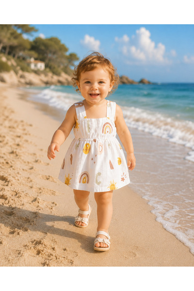 Nola Kids Kız Bebek Gökkuşağı Desenli Askılı Elbise Yazlık Müslin Elbise
